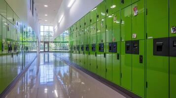 A long hallway with green lockers and windows photo