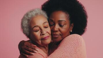 Two older women hugging on a pink background photo