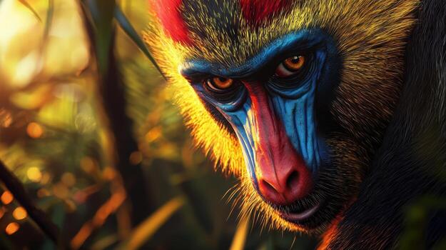 A close up of a colorful monkey with a red face photo
