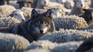 A wolf is surrounded by a flock of sheep photo