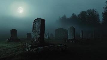 A graveyard with tombstones and a full moon photo