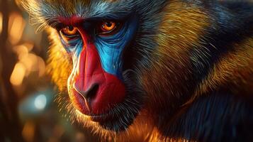 A close up of a colorful monkey with blue eyes photo