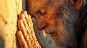 An old man with a beard leaning against a wall photo