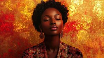 Beautiful african woman with closed eyes against gold background photo