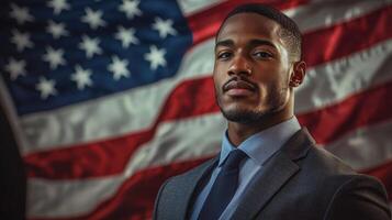 A black man in a suit and tie standing in front of an american flag photo