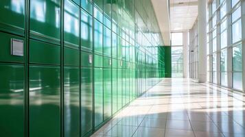 Green lockers in a hallway with sunlight photo