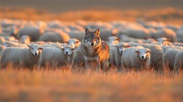 Wolf and sheep in the field photo