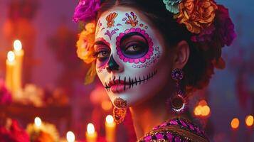 Young woman adorned with intricate sugar skull makeup and flowers poses in a colorful environment illuminated by flickering candles, embodying a festive spirit photo