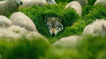 A wolf is camouflaged among tall green grass, intently watching a group of sheep grazing peacefully in a vibrant pasture photo