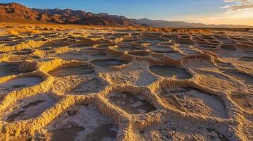 Irregular, honeycomb-like patterns formed by dry soil stretch across the desert floor as the sun sets behind distant mountains, creating a captivating natural scene photo