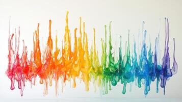 Bright and vivid drips of paint flow gracefully across a white background, creating an abstract representation of a rainbow spectrum with smooth transitions and dynamic shapes photo