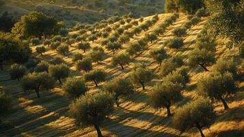 An olive grove with trees and grass photo