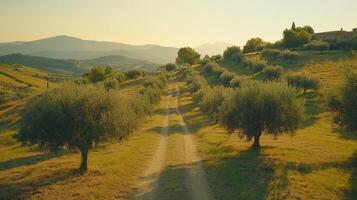 Rolling hills of Tuscany feature neatly arranged olive trees along a dirt road. The warm sunset light bathes the landscape in golden hues, creating a serene and tranquil atmosphere photo