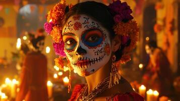 A person adorned in colorful sugar skull makeup stands out, surrounded by candles and festive decorations, as activities for Day of the Dead take place in a lively atmosphere photo