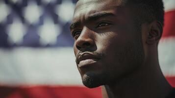 A man with an american flag in the background photo