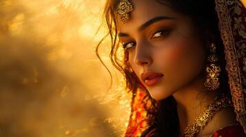 A woman with curly hair gazes intensely at the viewer, wearing ornate jewelry and a colorful traditional outfit. The warm light creates a striking atmosphere, enhancing her beauty photo