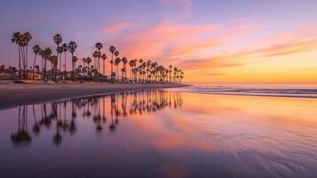 A stunning sunset casts warm hues across the sky and mirrors on the tranquil waters. Palm trees line the shore, creating a peaceful coastal atmosphere during twilight photo