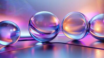 Four translucent glass spheres are arranged in a modern abstract environment, showcasing vibrant colors and reflections under soft lighting, creating an artistic effect photo