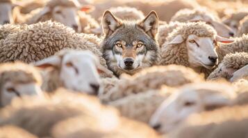 A wolf is surrounded by a flock of sheep in a pasture at dawn. The sunlight casts a soft glow, highlighting the delicate relationship between predator and prey in the wild photo