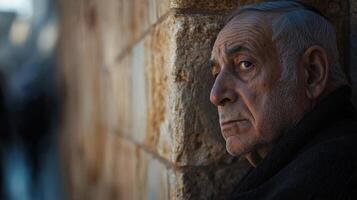 An older man leaning against a wall photo