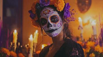 A woman adorned with vibrant flowers and intricate face paint stands near a Dia de los Muertos altar decorated with candles and marigolds, honoring loved ones photo