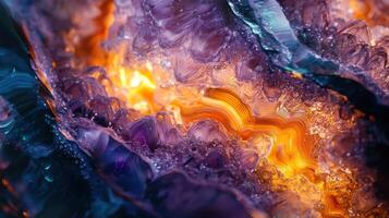 An amethyst crystal reveals stunning hues of purple and orange, showcasing its intricate patterns and textures. This natural formation captures the beauty of geological processes photo