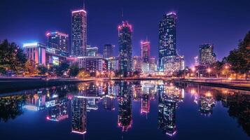 A bustling city skyline showcases tall buildings adorned with colorful lights, reflecting beautifully on the serene water below. The atmosphere is lively as night falls photo