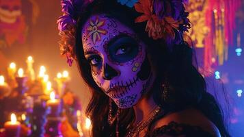 A person dressed in traditional attire adorned with vibrant flowers and intricate face paint is celebrating the Day of the Dead photo