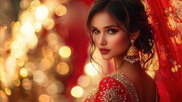 Beautiful indian bride in red traditional dress photo