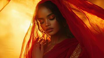 Beautiful woman in red sari with veil photo