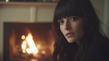 A woman with long black hair sitting in front of a fireplace photo