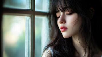 A woman with long hair looking out the window photo