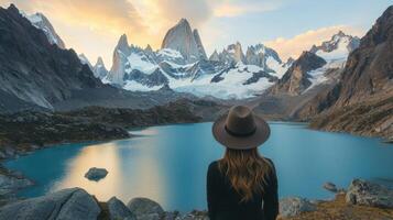 A woman in a hat looking at the mountains photo