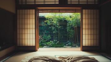 A bed with a window in front of it photo
