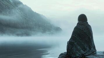 A person sitting on a rock by a lake with a blanket over them photo