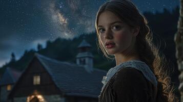 A girl is standing in front of a house with stars in the sky photo
