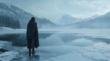 A person standing in the snow near a lake photo