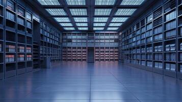A long hallway with many shelves and lights photo