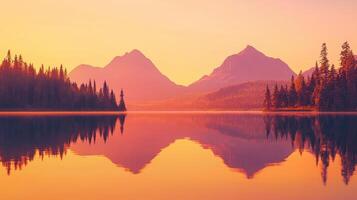 A lake with mountains reflected in it at sunset photo