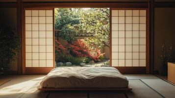 A bed in a room with a window and a door photo