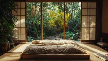 A bedroom with a bed and a window with a view of a garden photo