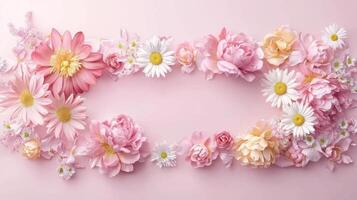 Pink flowers arranged in a circle on a pink background photo
