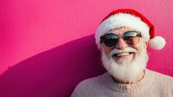 A man wearing sunglasses and a santa hat smiling photo