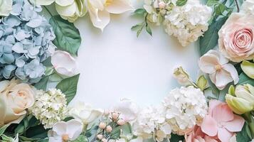 Flowers are arranged in a circle on a white background photo