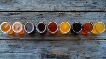 A row of beer glasses lined up on a wooden table photo