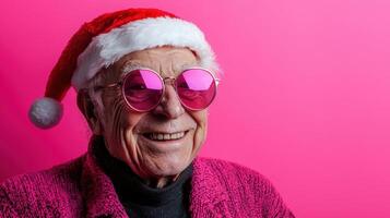 An old man wearing a santa hat and sunglasses photo