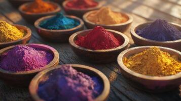 Colorful powders in wooden bowls on a wooden table photo