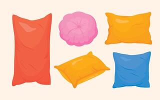 Set of pillows multicolor flat style. Home interior textile. Colorful pillows different shapes. vector