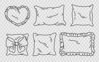 Hand drawn pillow set in doodle style, soft pillow for sleeping, outline hand drawn pillows for rest, bedroom decoration outline pillows vector