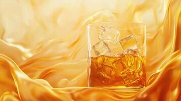 A glass of whiskey with ice cubes on a golden background photo